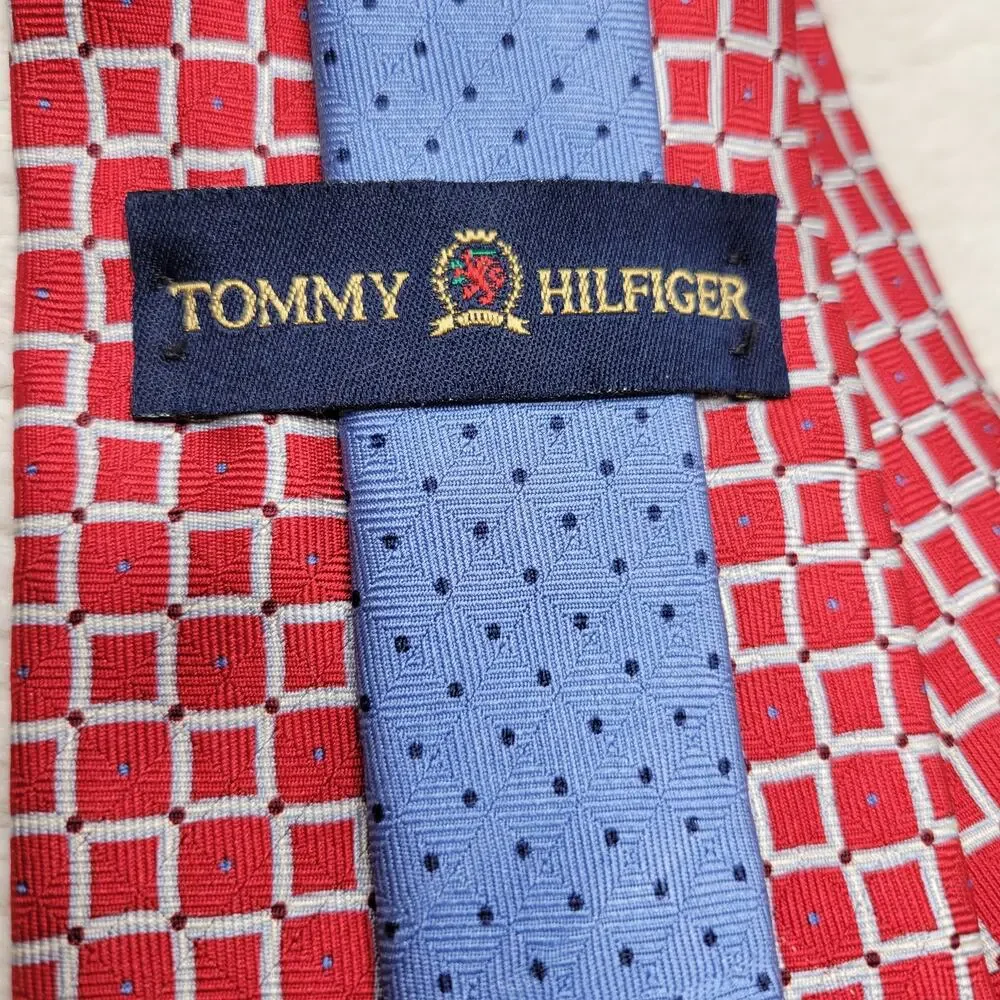 Vintage 90s Tommy Hilfiger 100% Silk Red Geometric Print Preppy Classic Neck Tie